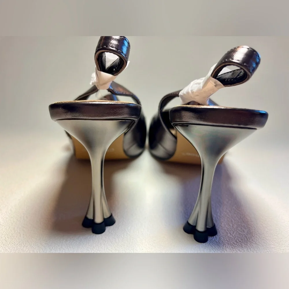 NIB Clmhoe Metallic Slingback Heels Size 6.5 Pointed Toe Bow Kitten Heel - Picture 3 of 6